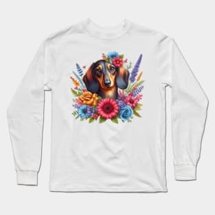 A dachshund with beautiful colorful flowers Long Sleeve T-Shirt